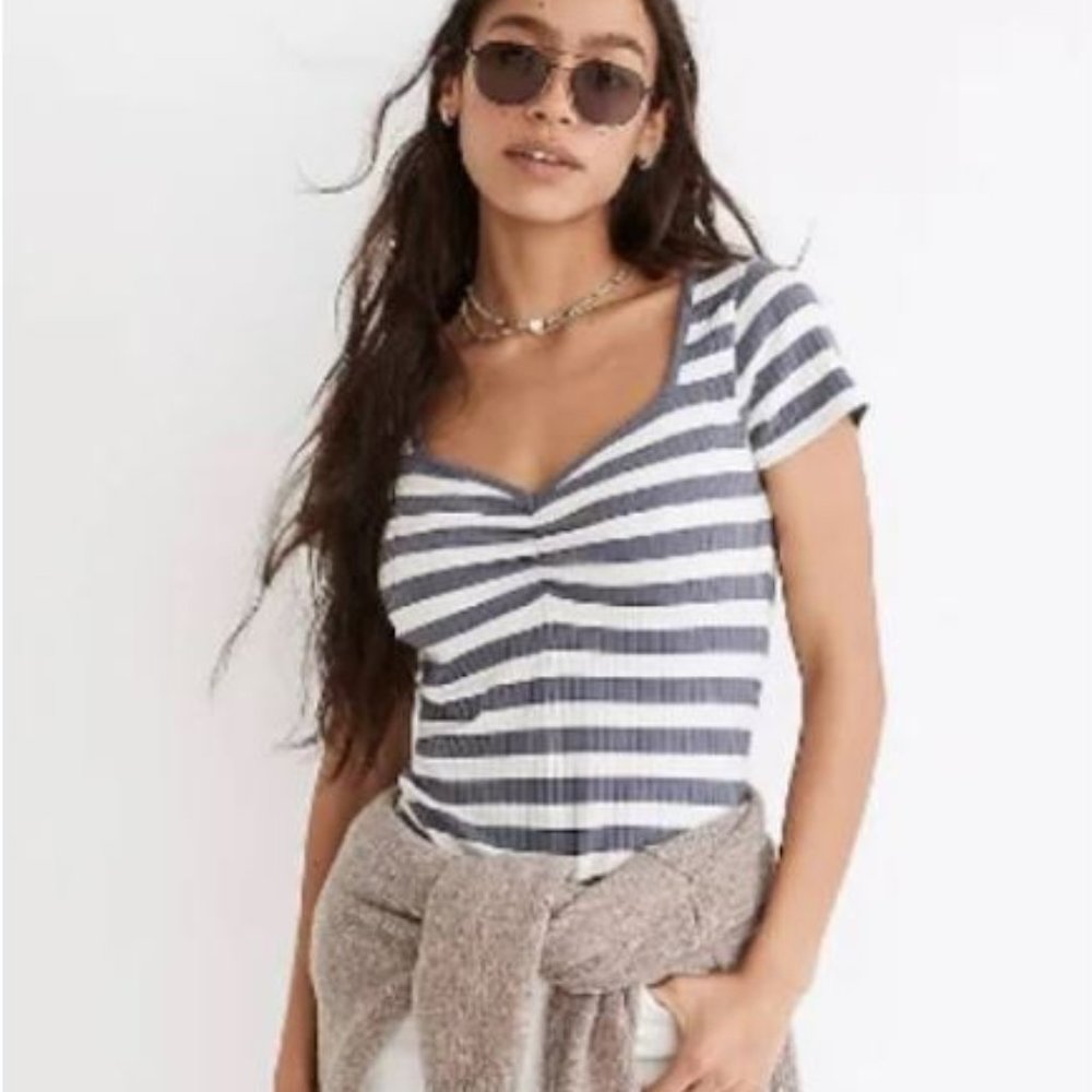 MADEWELL Ribbed Sweetheart Tee Blue White Striped Size Medium